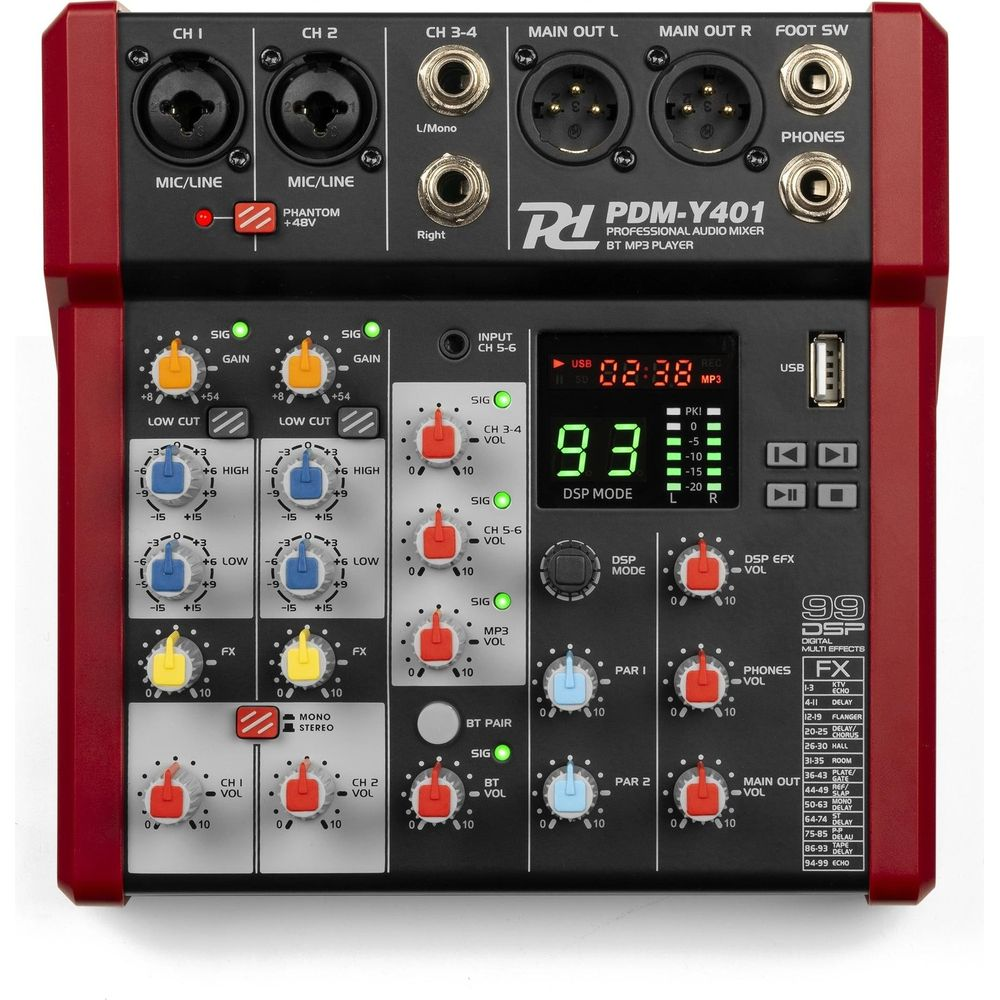 Una mesa de mezclas roja con muchos botones, faders y conectores.