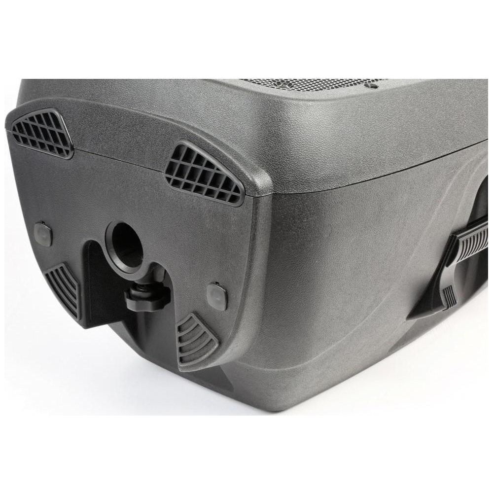 Zwarte plastic luidspreker met ventilatieopeningen en handvatten.
