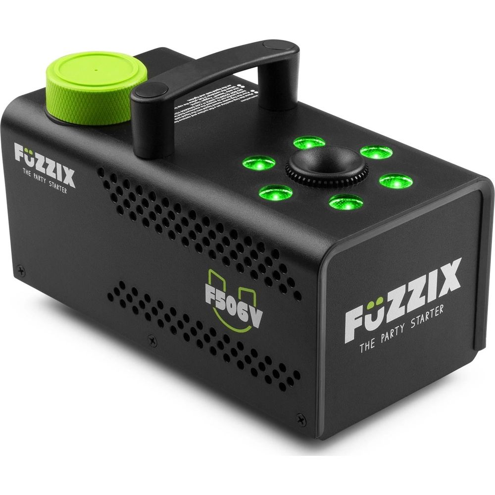 Máquina de humo negra con LEDs verdes y asa de transporte.