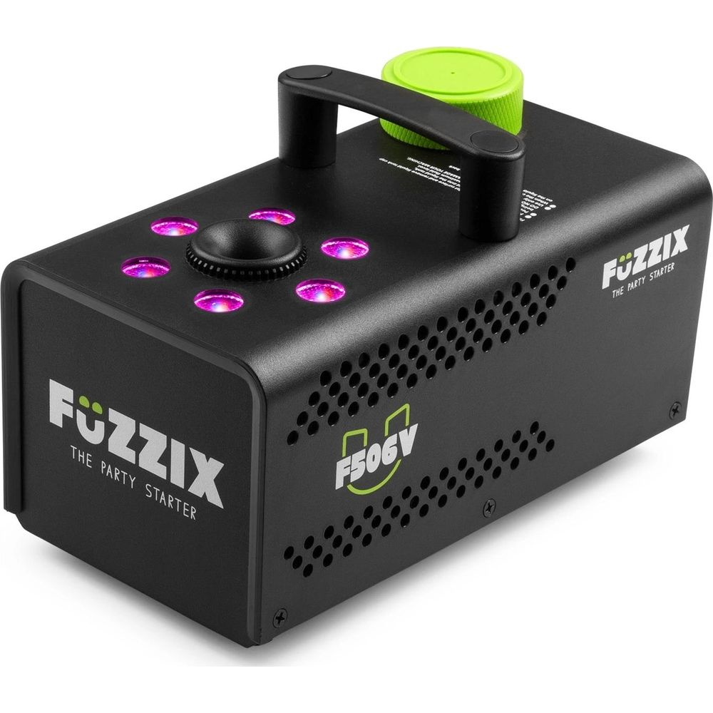 Máquina de humo negra con asa, tapa verde y luces púrpuras.