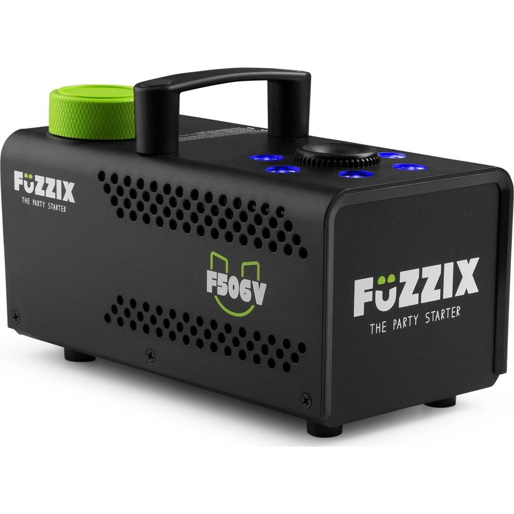 Máquina de humo negra con tapa verde y luces azules.