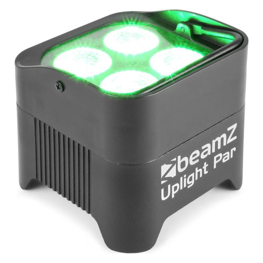 Un foco negro Uplight Par con cuatro LEDs verdes está iluminado.