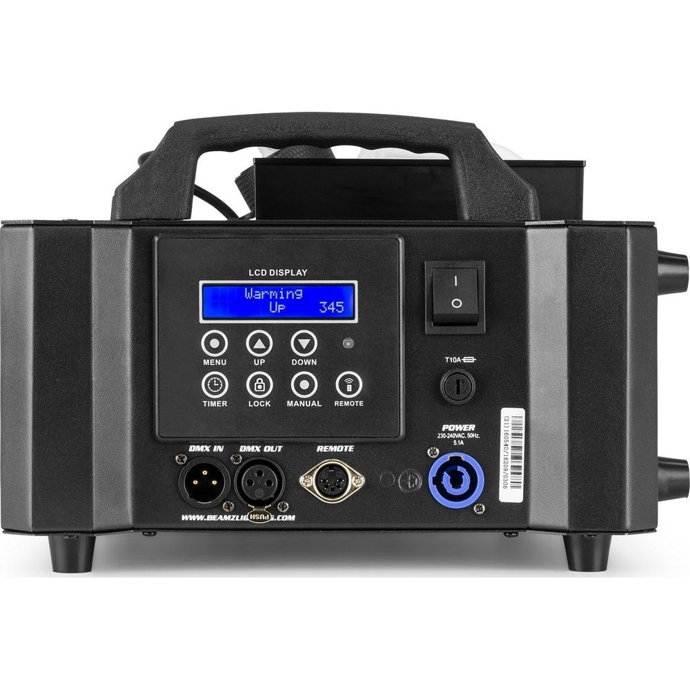 Máquina de humo negra con pantalla LCD que muestra 'Warming Up 345'. Botones para menú, temporizador, bloqueo, manual, remoto.
