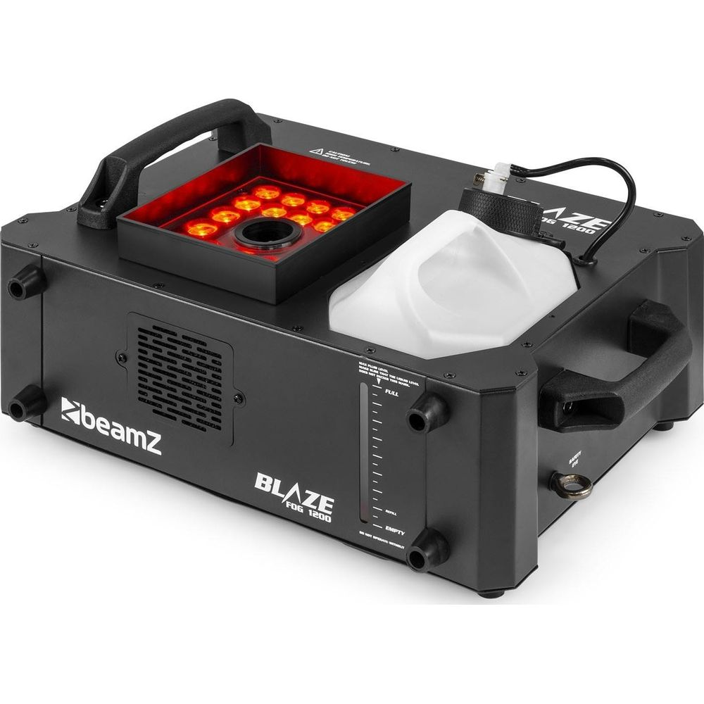 Máquina de humo negra con LEDs rojos y un tanque blanco.