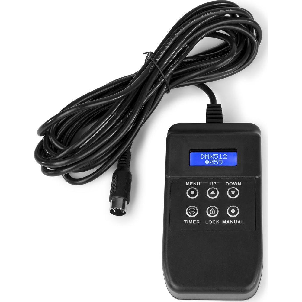 Un controlador DMX512 negro con pantalla LCD azul y cable.