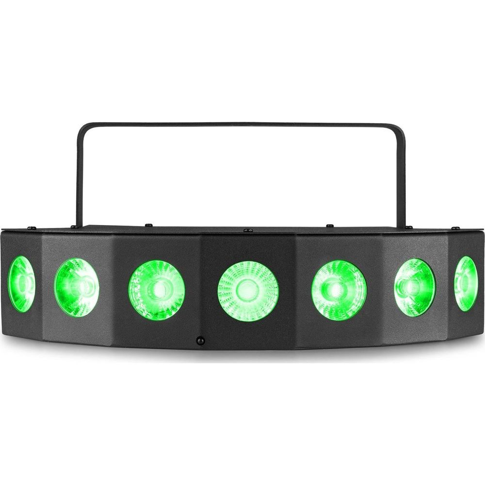 Una unidad de efectos de luz negra con varias luces verdes en una carcasa semicircular.