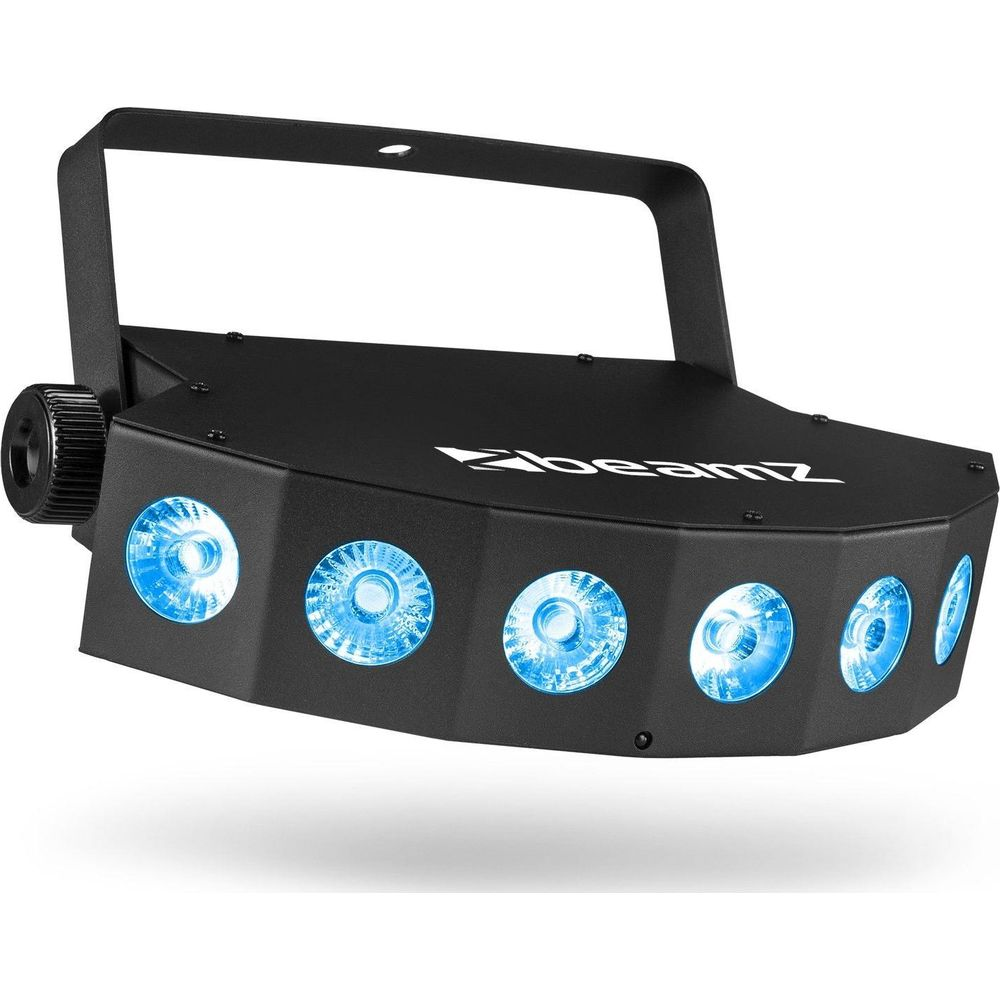 Un efecto de luz negro con múltiples LEDs azules y asa de transporte.