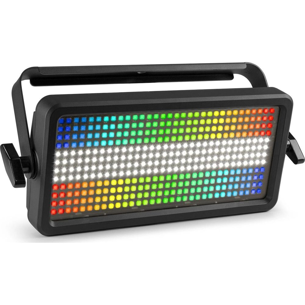 Una luz LED negra con luces de colores mostradas sobre un fondo blanco.