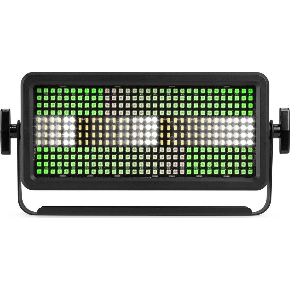 Un efecto de luz negro con LEDs verdes y blancos, montado en un soporte.