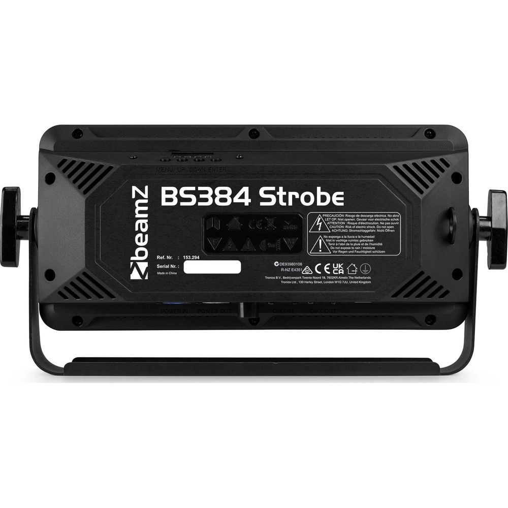 Vista trasera de un dispositivo estroboscópico BS384 negro con etiquetas de advertencia.