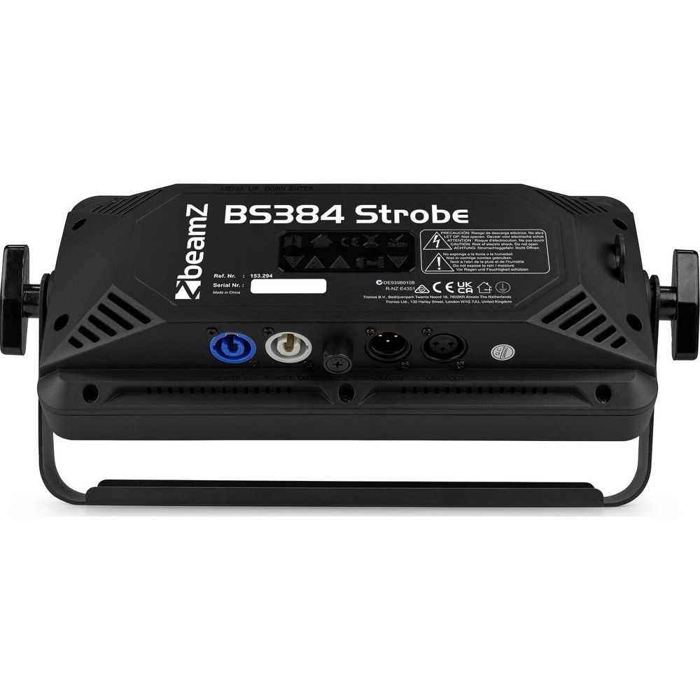 Vista trasera de una luz estroboscópica Beamz BS384 negra con conectores.
