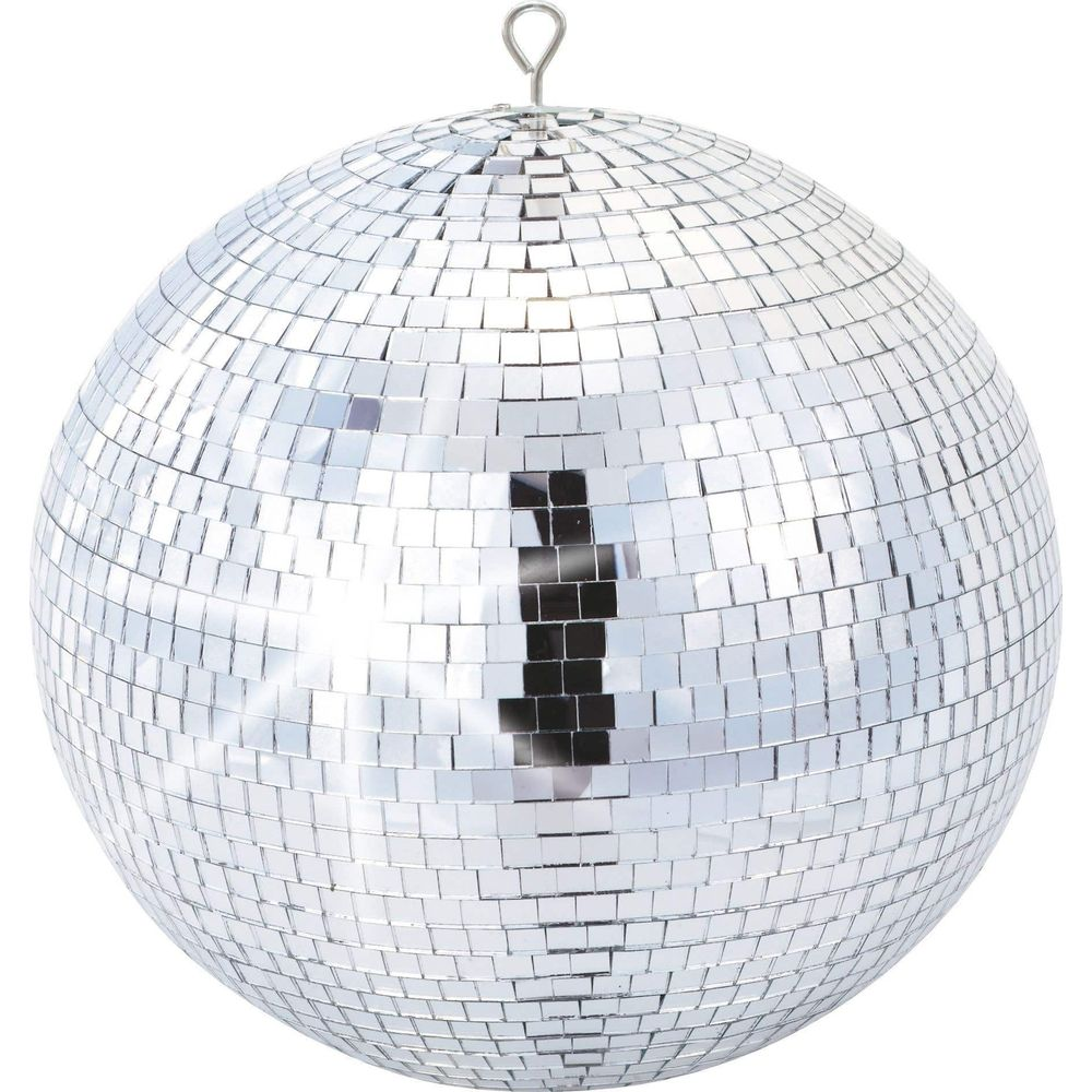 Una bola de discoteca plateada cubierta de pequeños espejos cuadrados.