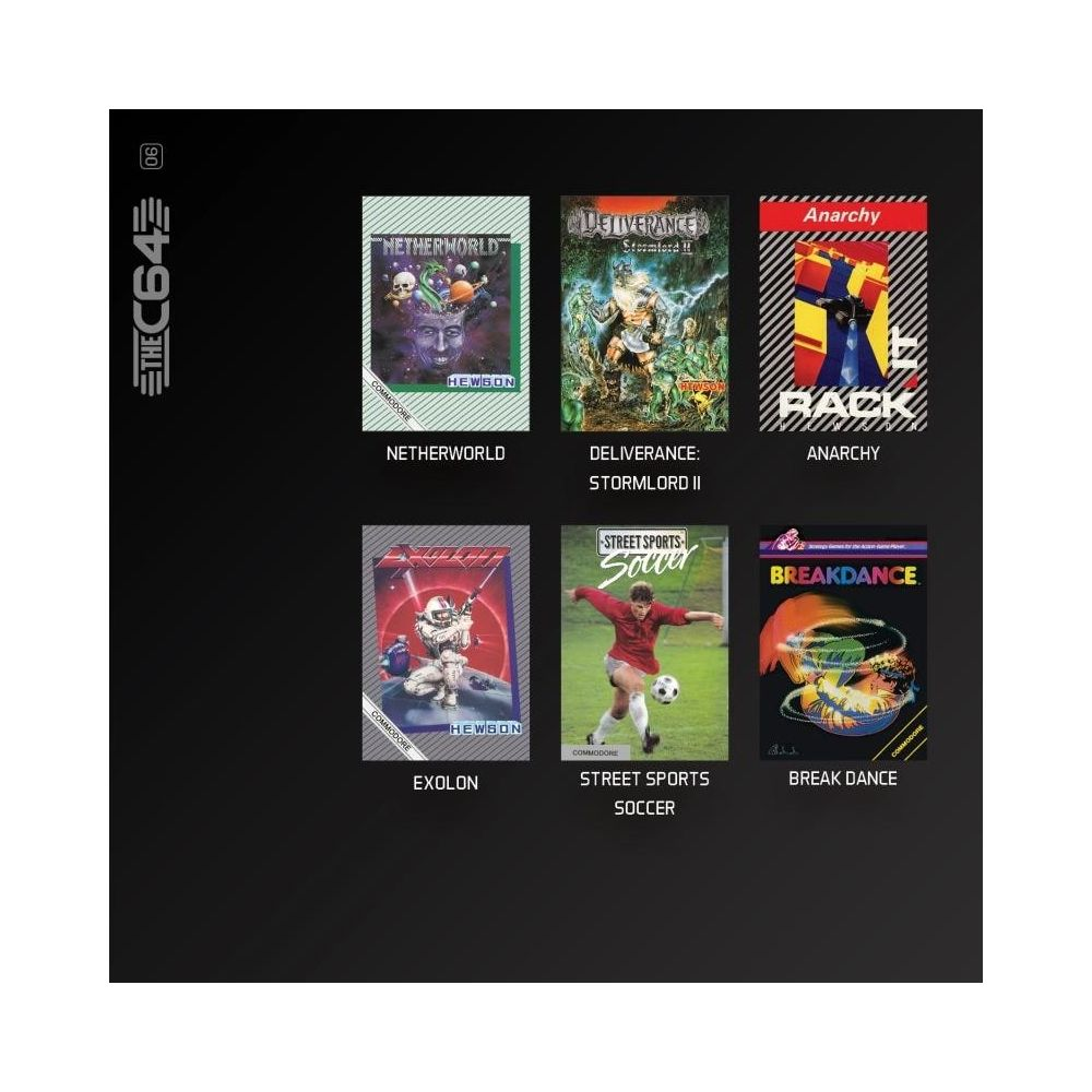 Sei copertine di giochi C64: Netherworld, Deliverance, Anarchy, Exolon, Soccer, Breakdance.