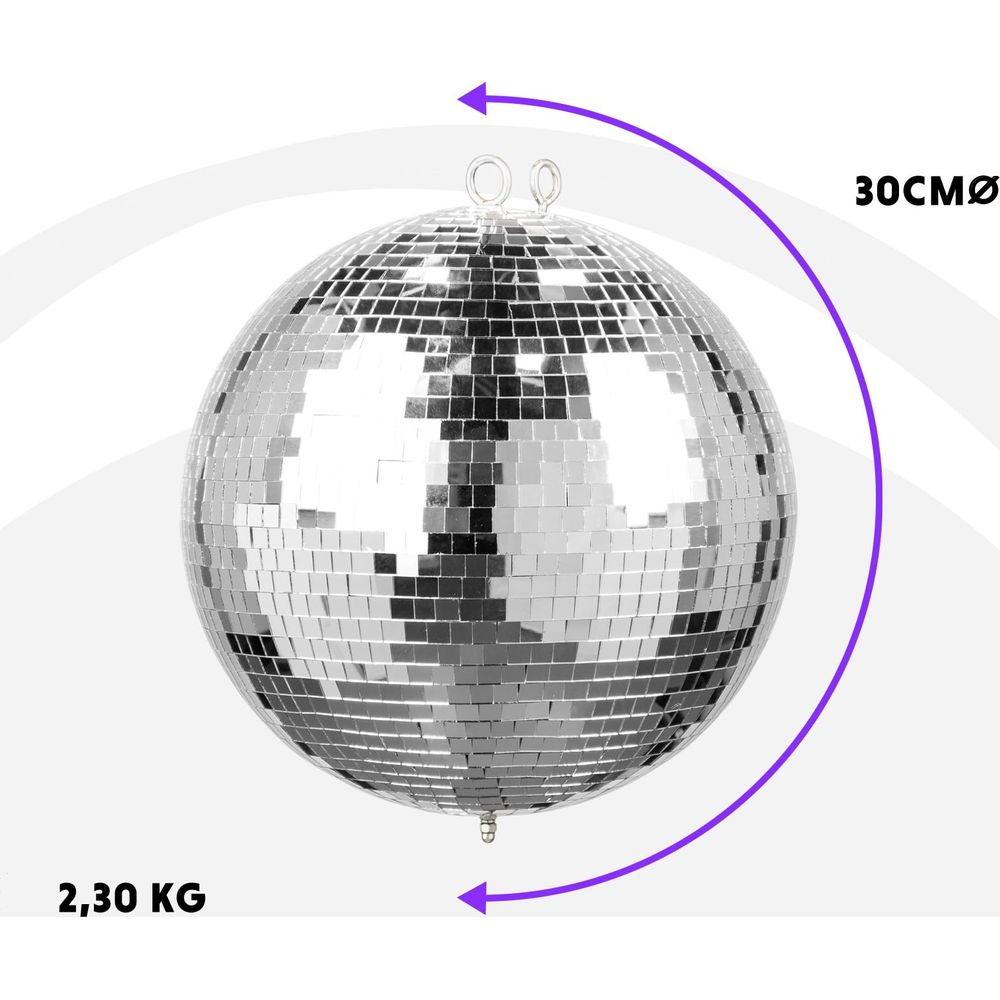 Una bola de discoteca plateada con baldosas de espejo, 30cm de diámetro, 2,3kg.