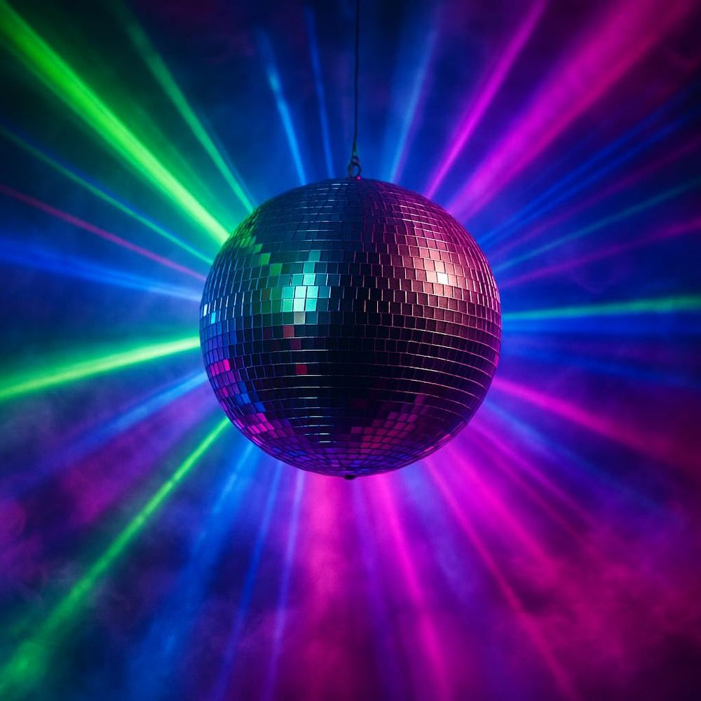 Una bola de discoteca cuelga en la oscuridad, iluminada por rayos verdes y morados.