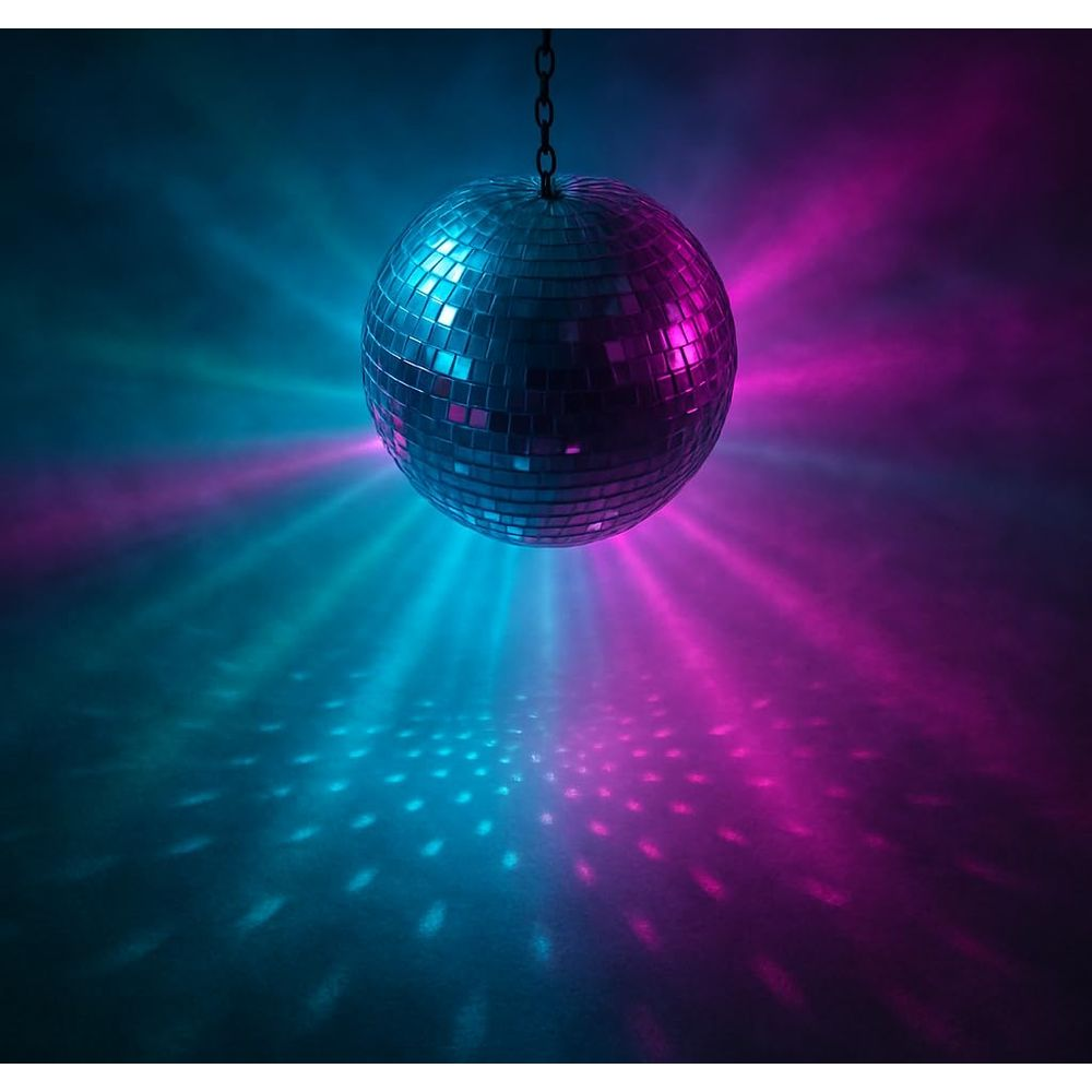 Una bola de discoteca cuelga de una cadena, proyectando manchas de luz azul y rosa.