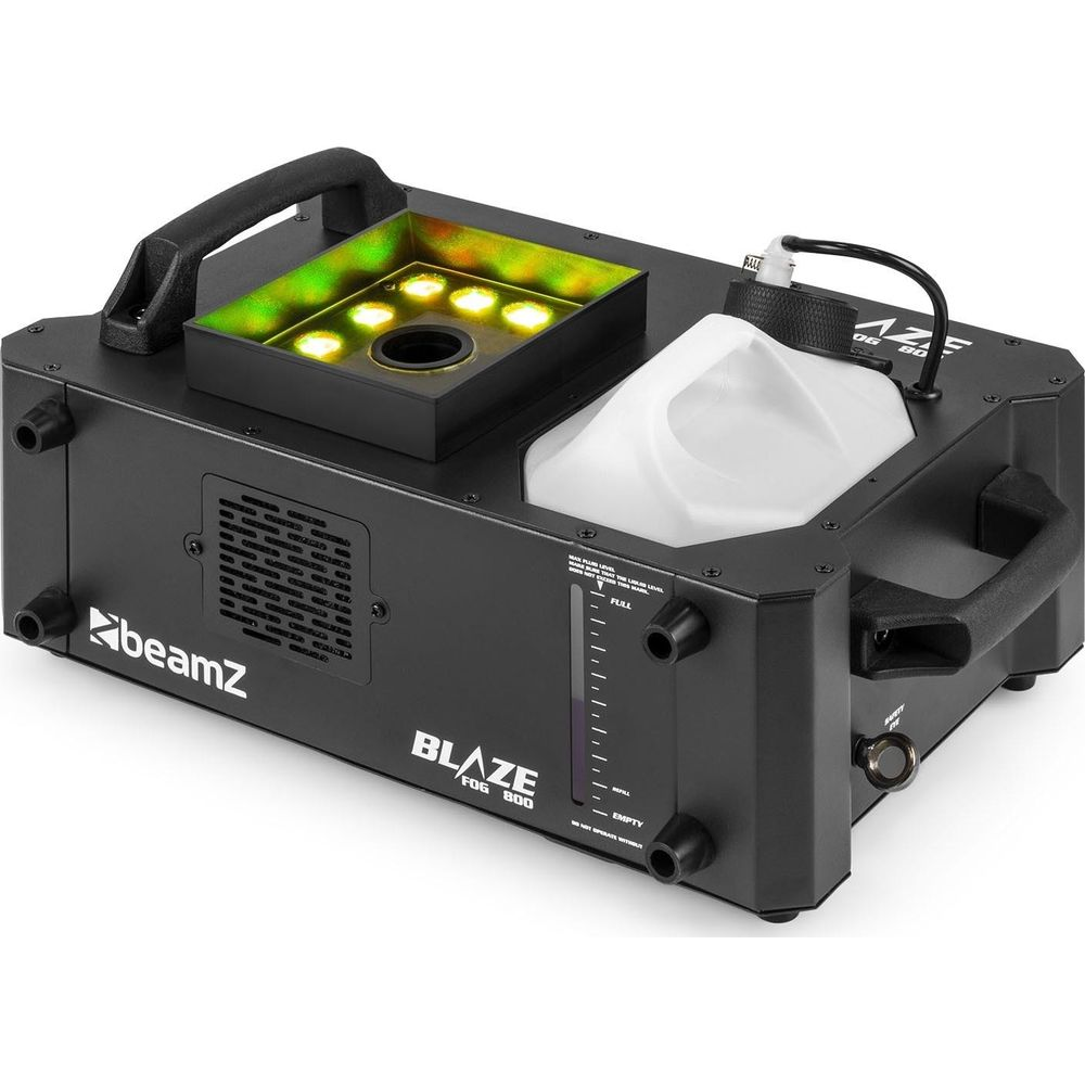 Máquina de humo negra con luces, tanque y asas.