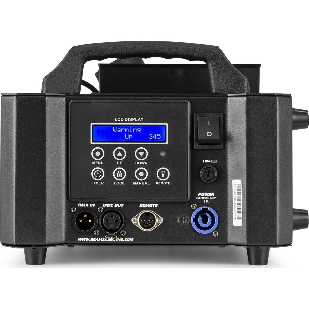 Parte trasera de un dispositivo con pantalla LCD, botones y conectores, como DMX.