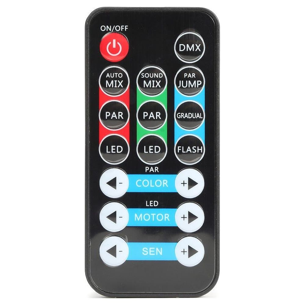 Un mando a distancia negro con muchos botones para efectos de luz.
