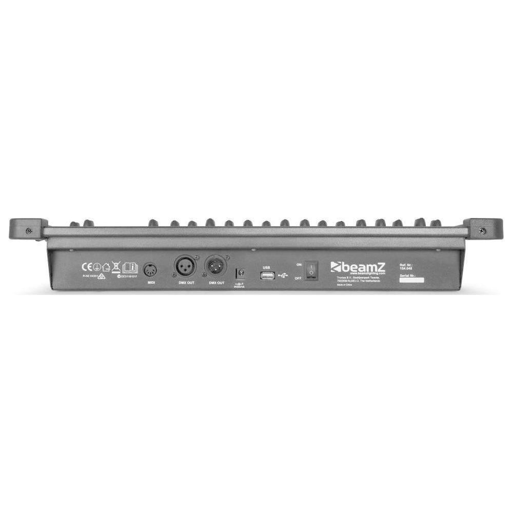 Vista trasera de una consola de iluminación negra con puertos MIDI, DMX OUT, USB e interruptor.