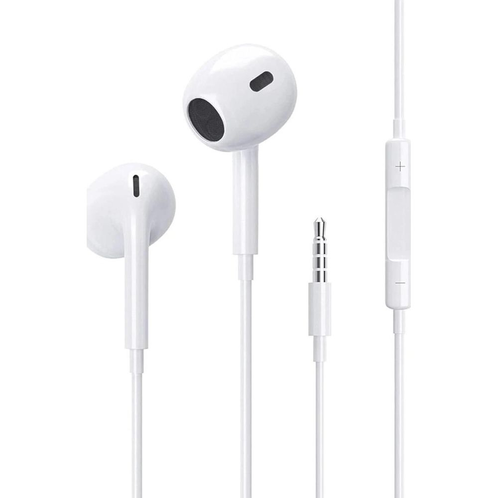 Weiße In-Ear-Kopfhörer mit Kabel, Stecker und Lautstärkeregler.