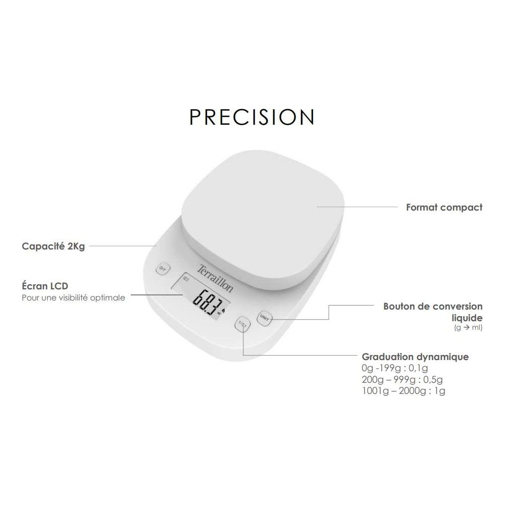 Biała cyfrowa waga kuchenna pokazuje 68,3 g. Pojemność 2 kg, ekran LCD.