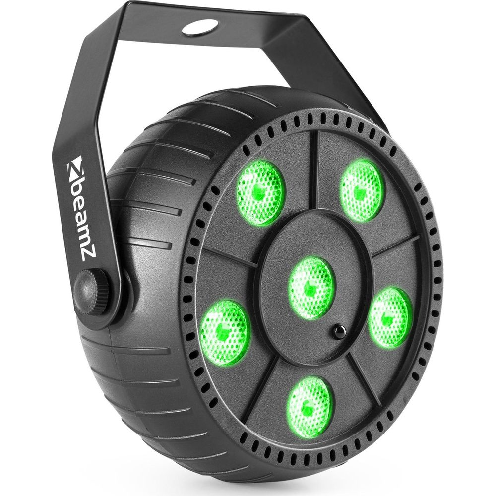 Efecto de luz negro con seis LEDs verdes, montado en un soporte.