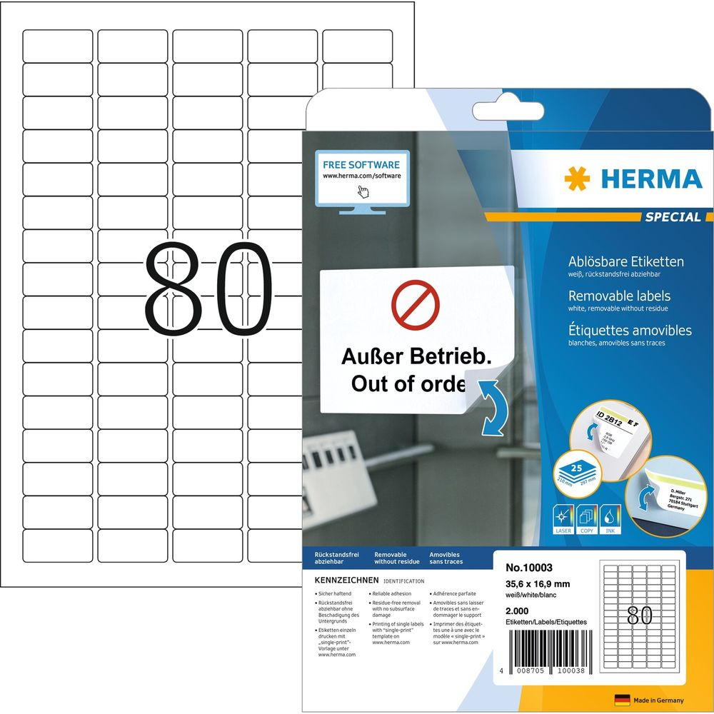 Verpackung von HERMA Etiketten, Blatt mit 80 weißen, ablösbaren Etiketten.