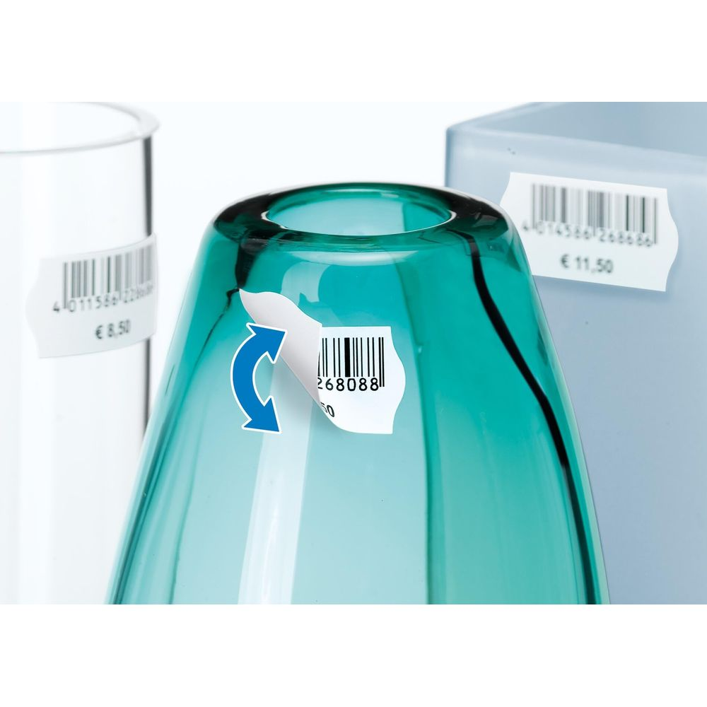 Grünes Glas mit Barcode-Etikett und Pfeil, daneben ein weißes Glas.