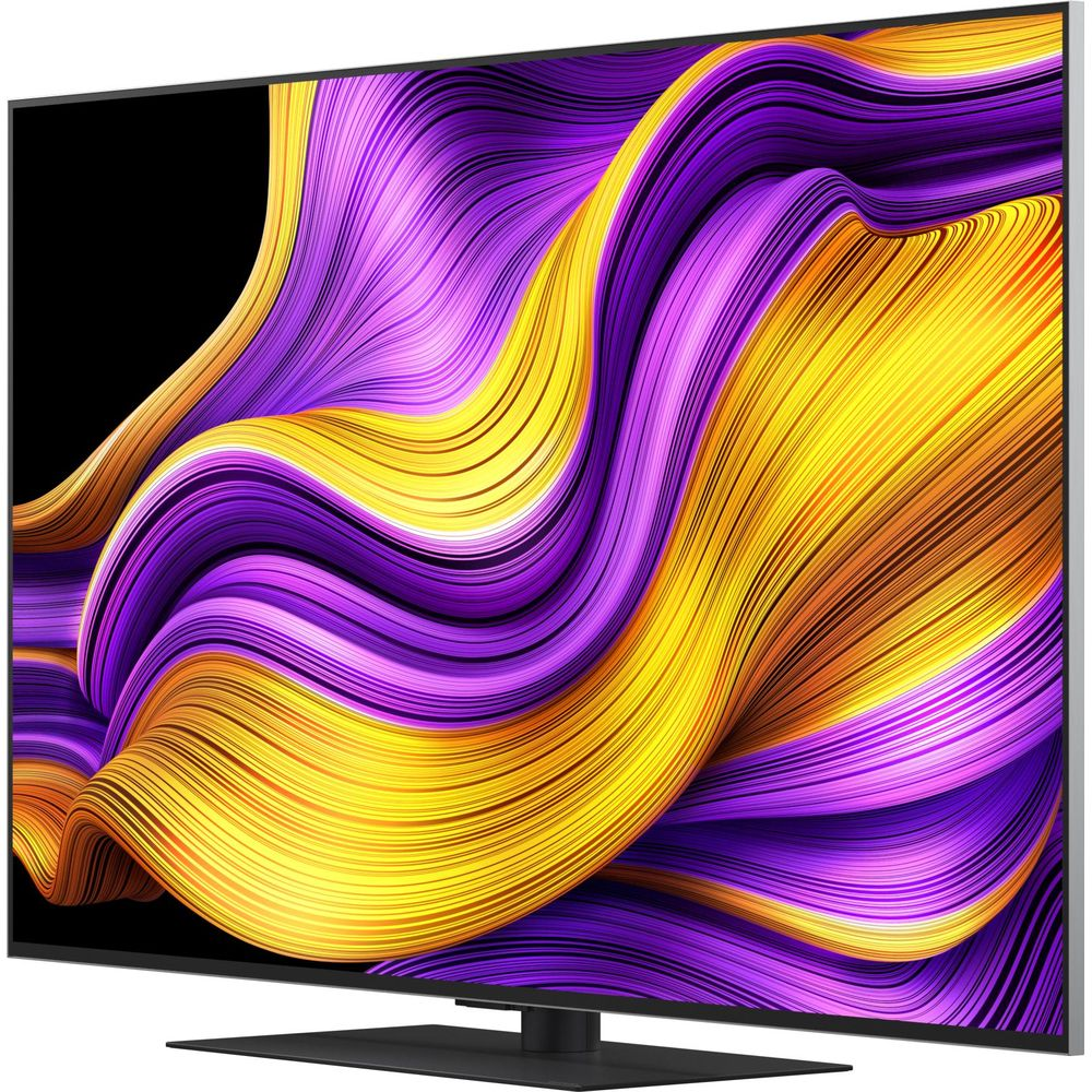 Ein moderner Fernseher mit einem abstrakten Bild aus lila und gelben Wirbeln.