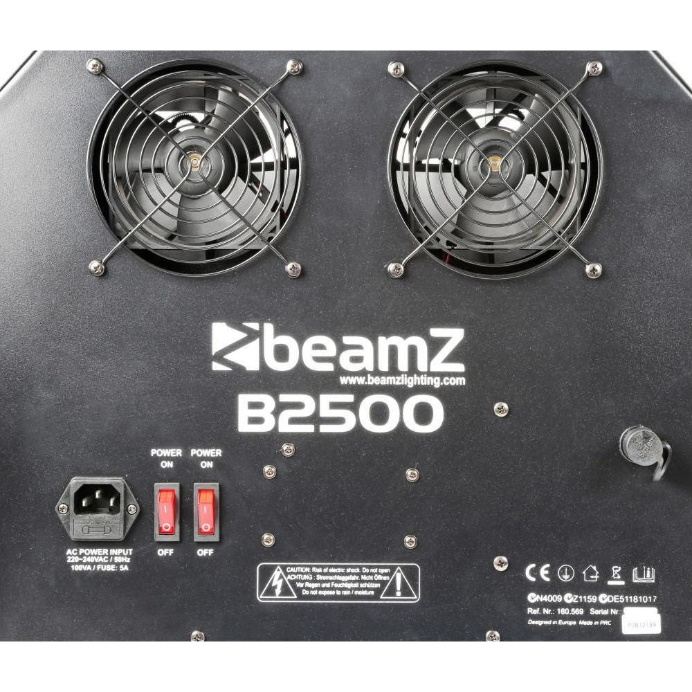 Reverso de una unidad negra BeamZ B2500 con dos ventiladores, interruptores y conectores.