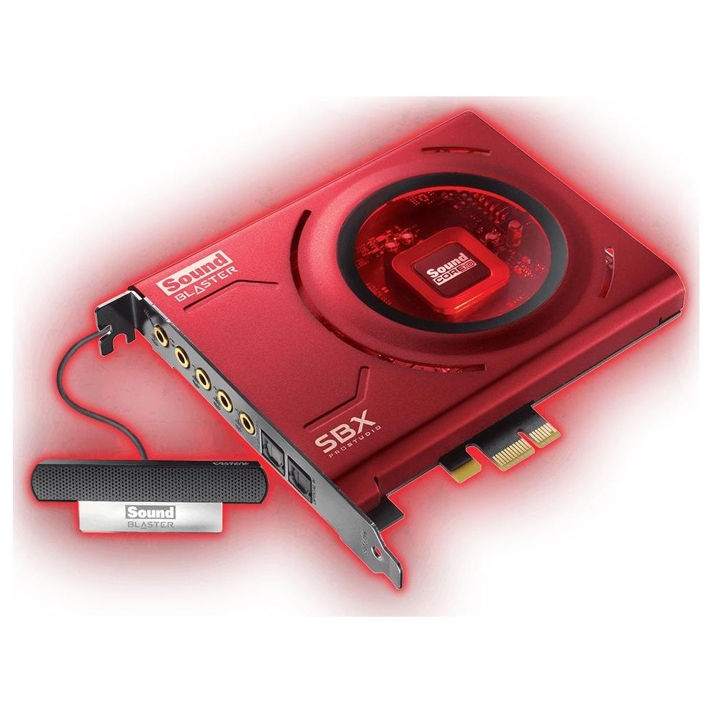 Eine rote Soundkarte mit "Sound Blaster" Logo und roten Lichtern.