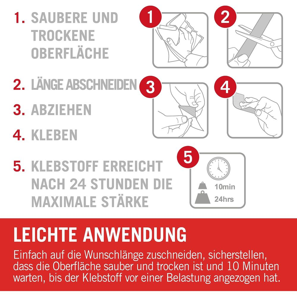 Schritt-für-Schritt-Anleitung: Oberfläche reinigen, zuschneiden, abziehen, kleben.