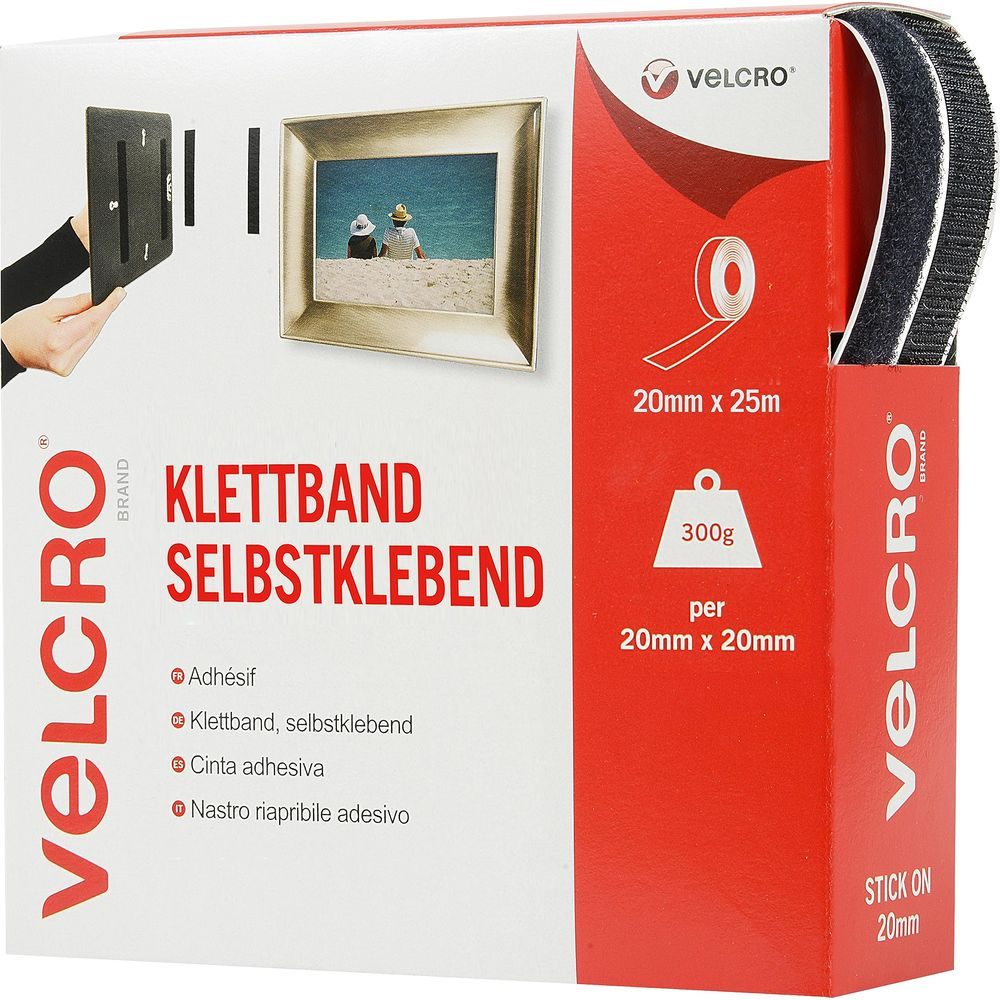 Verpackung von Velcro Klettband, 20mm x 25m, selbstklebend, bis 300g.