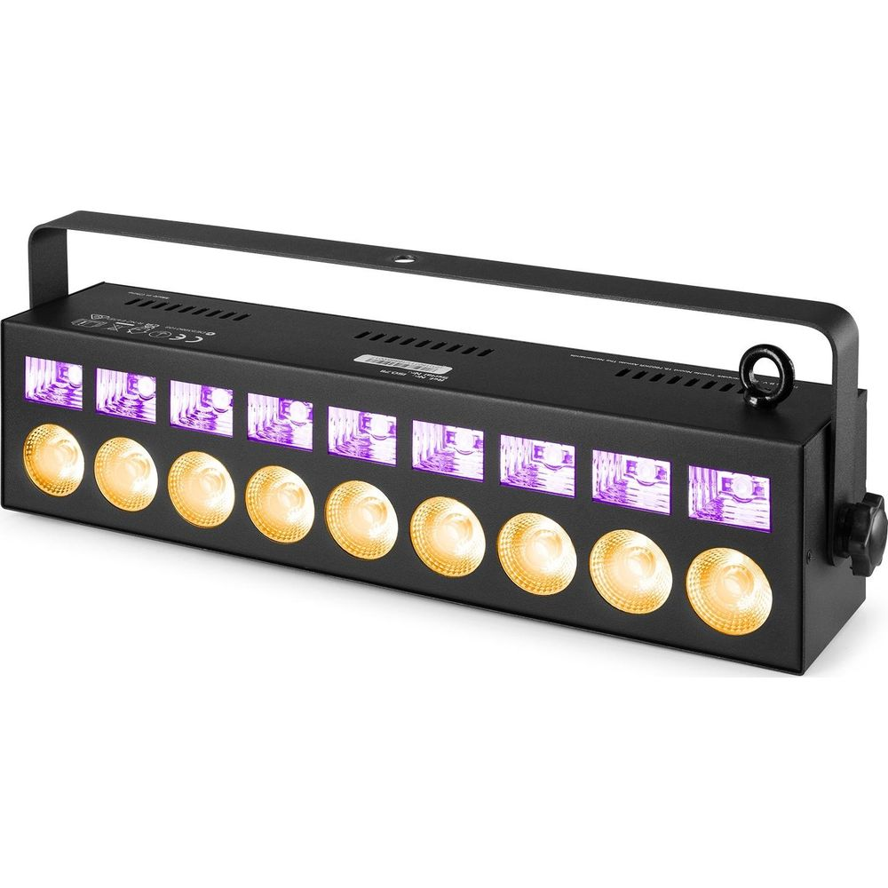 Una barra de luz negra con ocho luces amarillas y ocho luces UV.