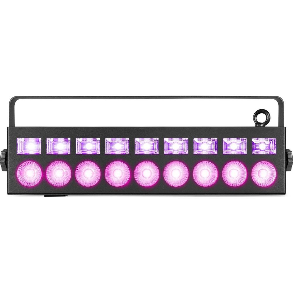Barra de luz negra con 12 LEDs, 6 rectangulares arriba, 6 redondos abajo.