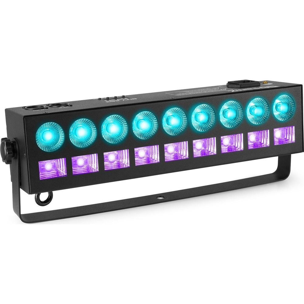 Una barra de luz negra con diez luces azules y moradas sobre fondo blanco.