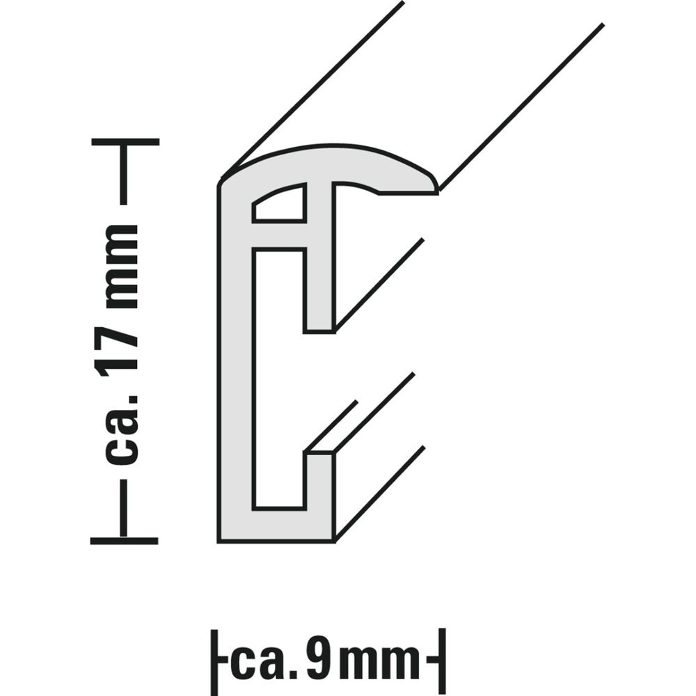 Przekrój profilu: wysokość ok. 17 mm, szerokość ok. 9 mm.