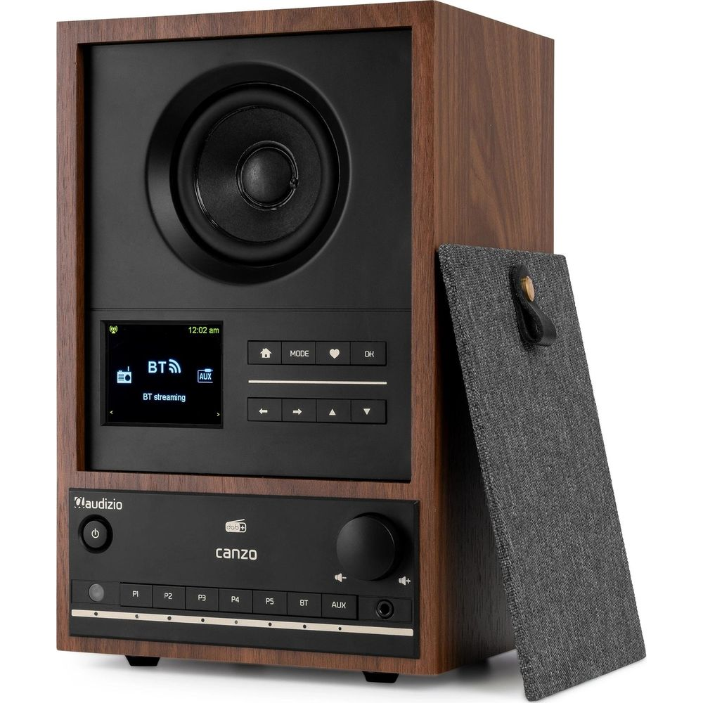 Sistema de audio de madera con panel frontal negro, altavoz y pantalla.