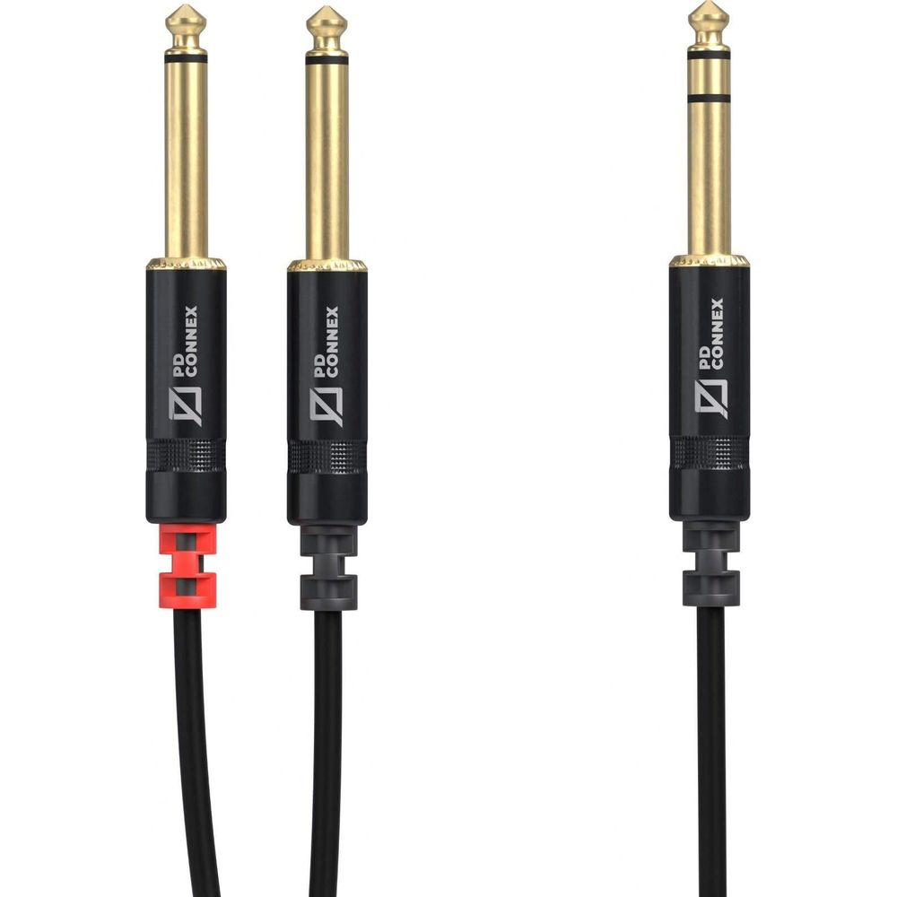 Tres cables de conector jack de audio dorado con conectores negros y marca PD Connex.