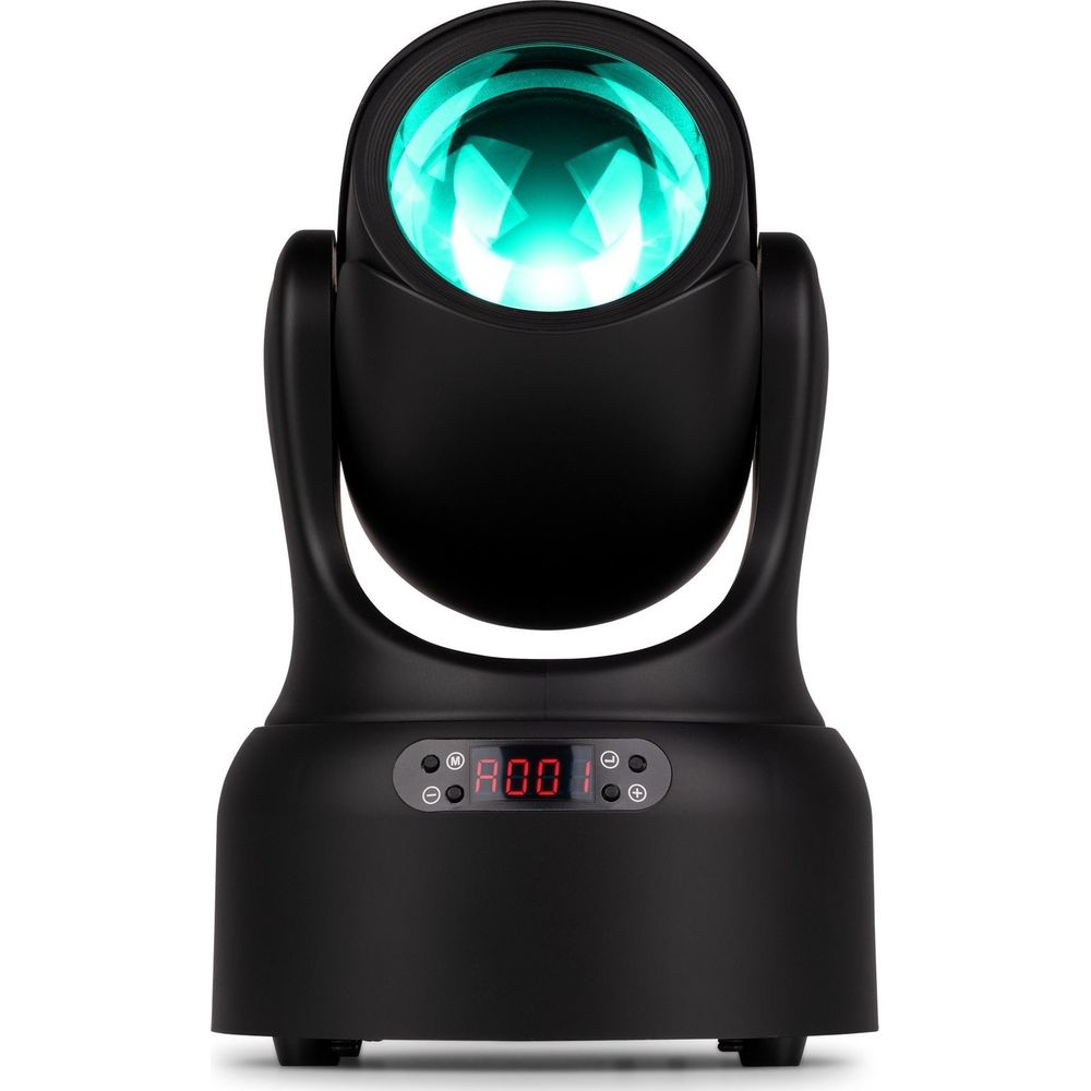 Foco negro con lente verde y pantalla LED roja.