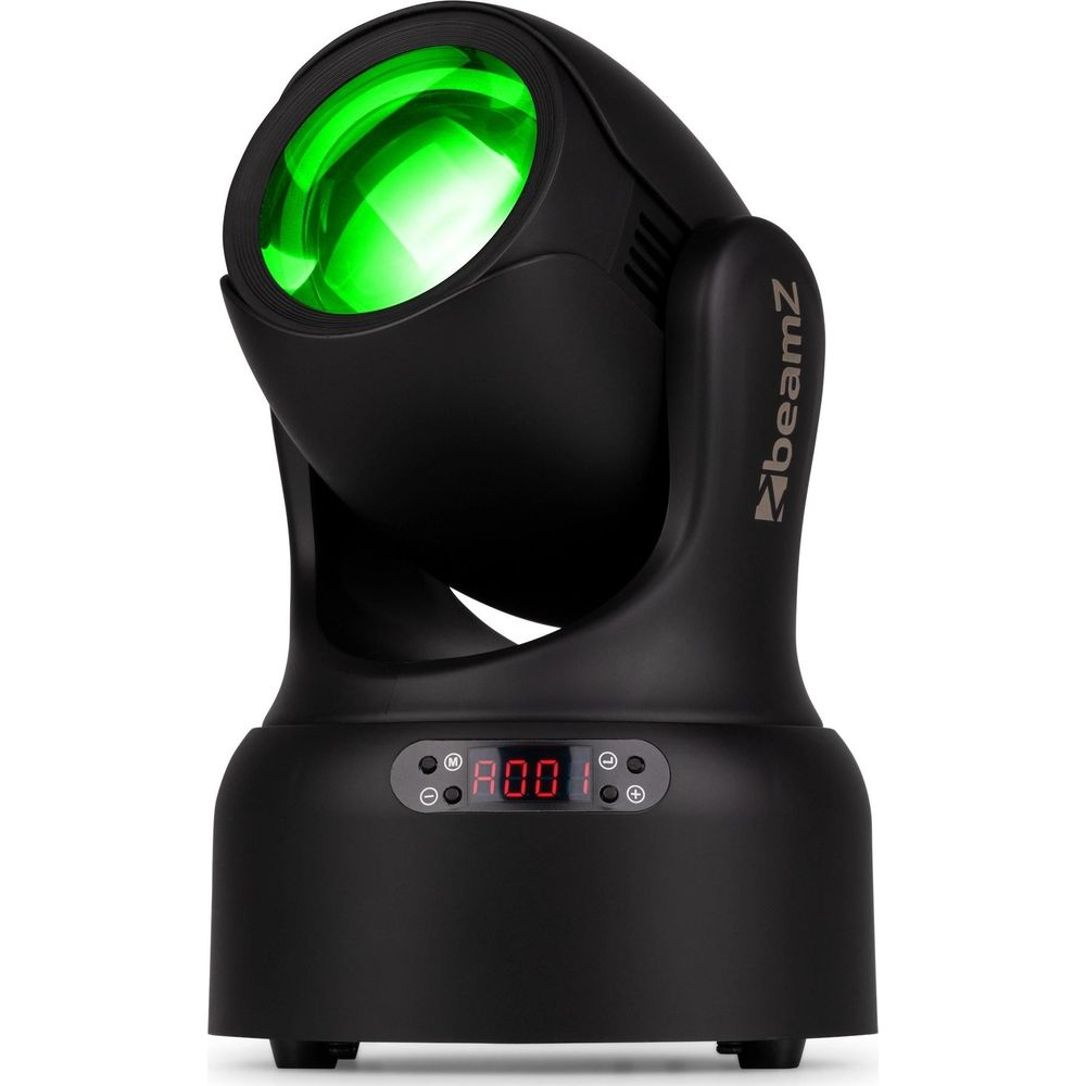 Foco negro con luz LED verde y pantalla digital.