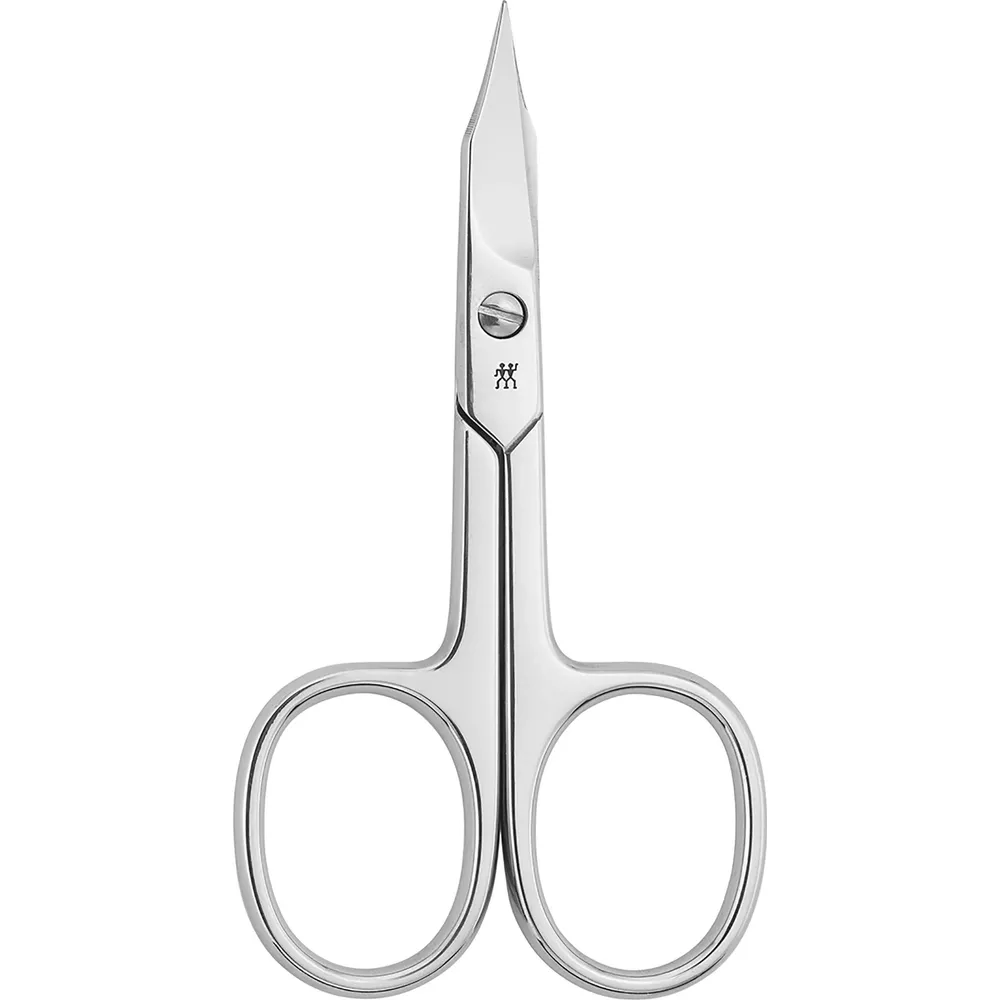 Ostre, srebrne nożyczki do paznokci z dwoma uchwytami na palce.