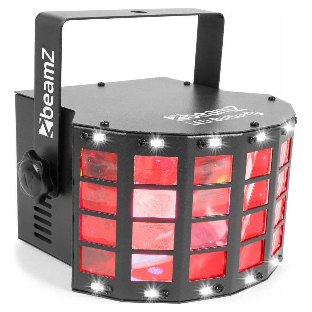 Una luz negra BeamZ LED Butterfly con cuadrados rojos y LEDs blancos.