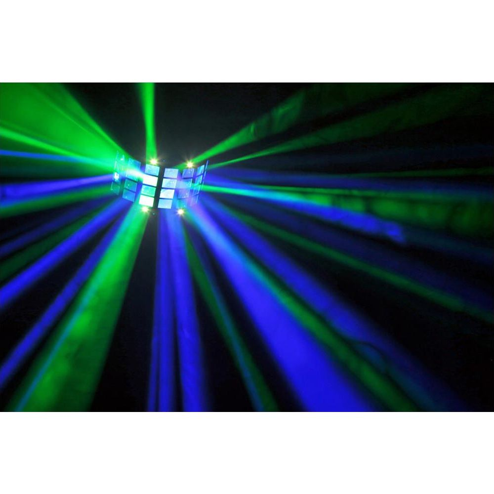 Un efecto de luz con rayos azules y verdes que emanan de un dispositivo giratorio.