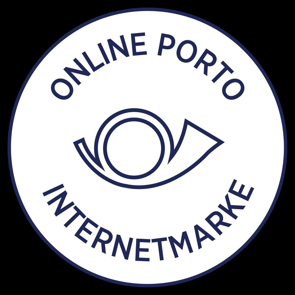Ein Kreislogo mit "ONLINE PORTO INTERNETMARKE" und einem Posthorn.