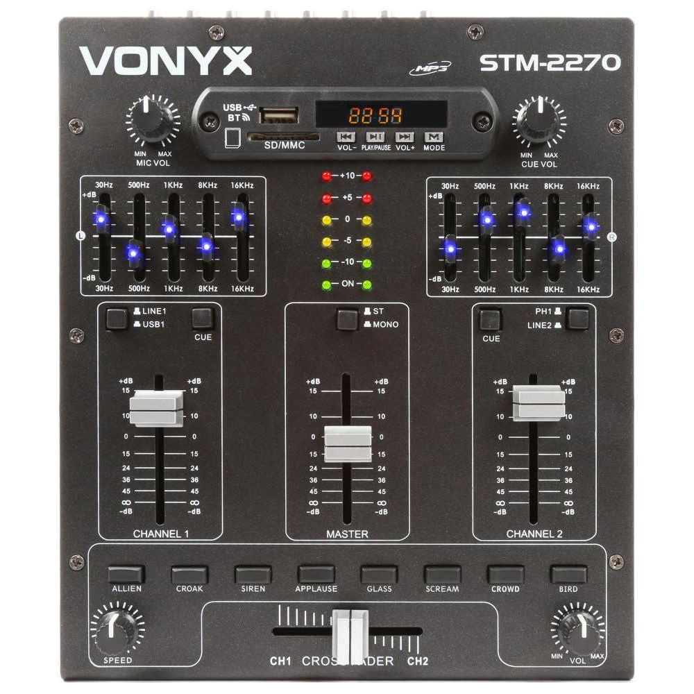 Una mesa de mezclas DJ Vonyx STM-2270 con perillas, deslizadores y luces.