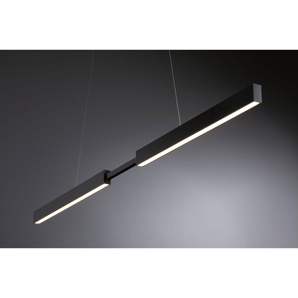Plafonnier noir avec deux barres lumineuses linéaires sur fond sombre.