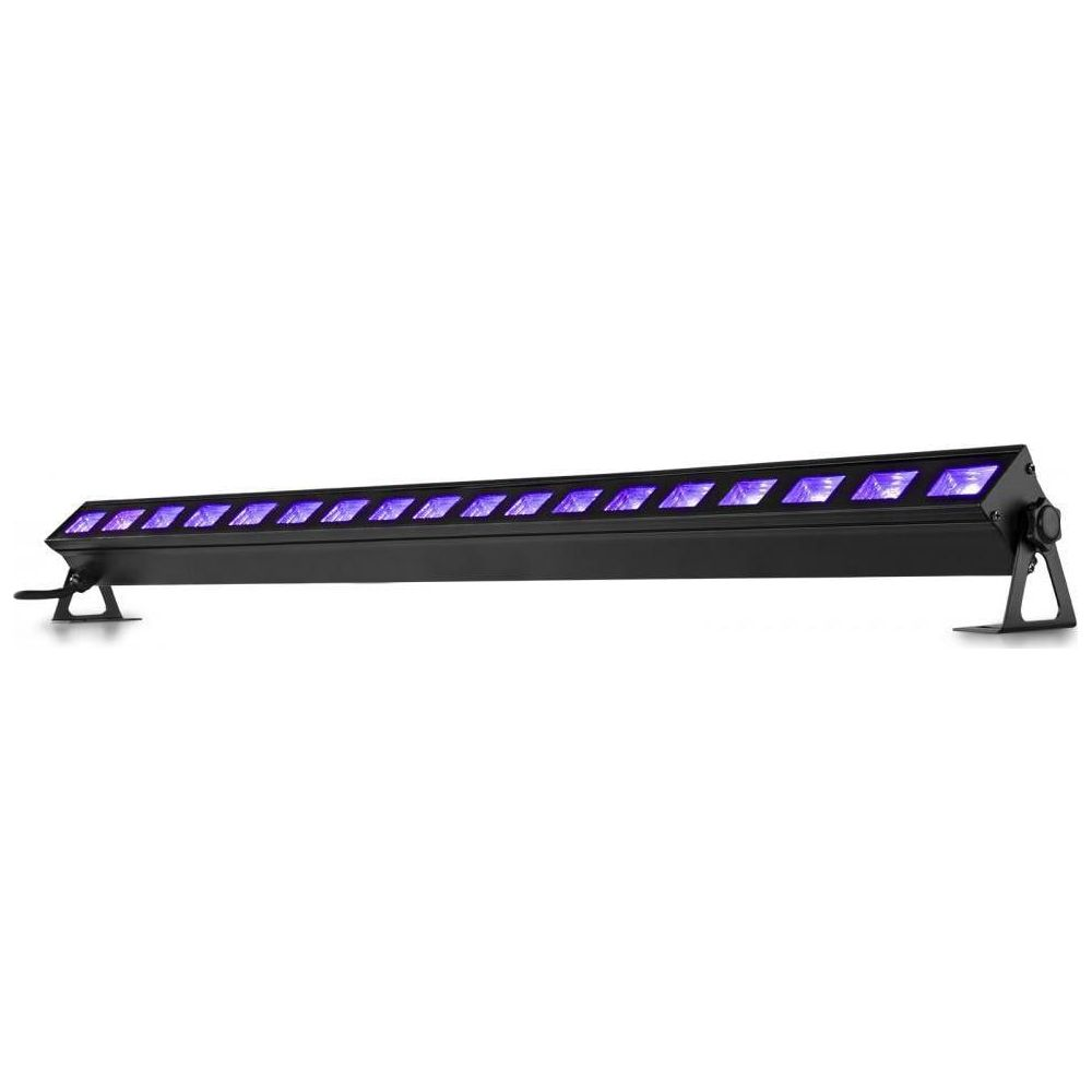 Una barra negra con luces moradas sobre fondo blanco.