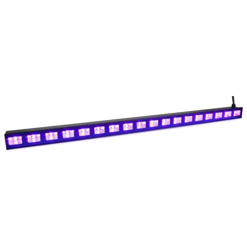 Una barra de luz negra larga con muchos LED morados pequeños, que corre horizontalmente.